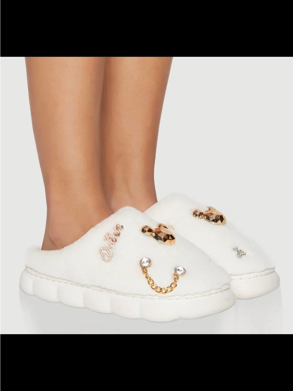 Women's White Faux-Fur Slip-On Embellished Slippers